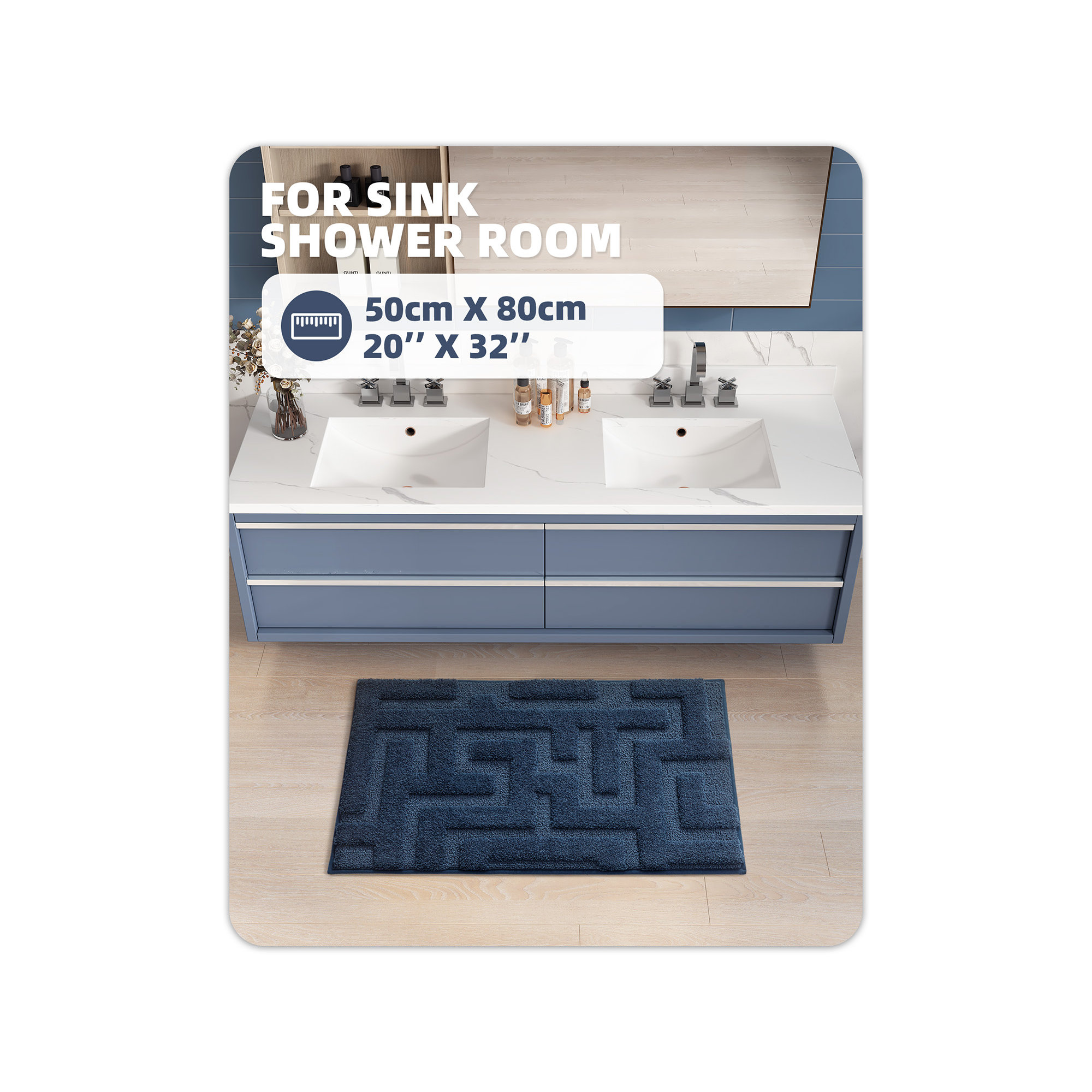 Non-Slip Bath Rug, 20" L x 32" W, Blue