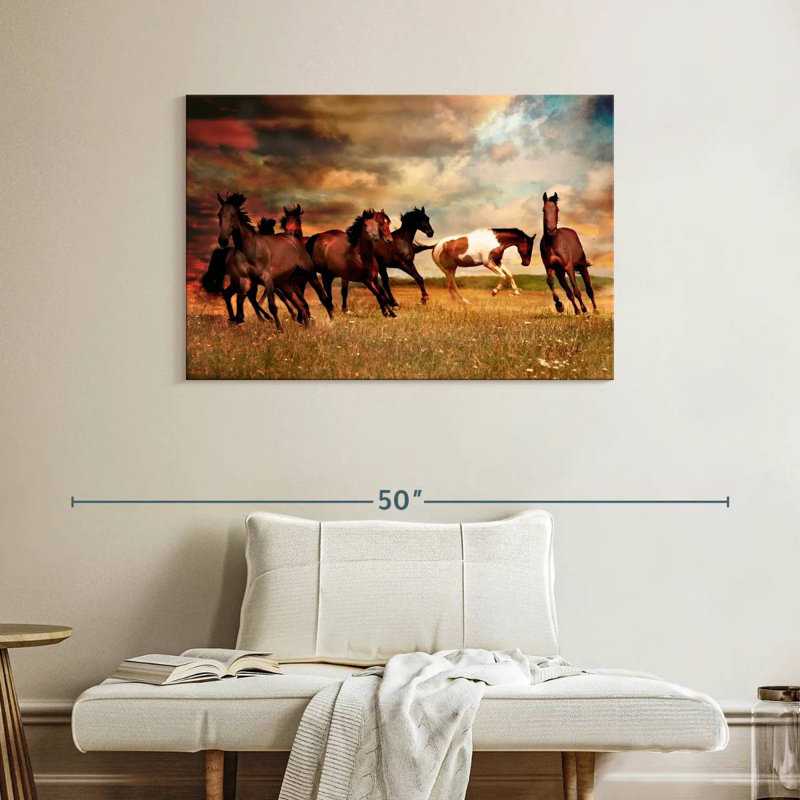 Brampt, chevaux sauvages dans la prairie, H 26 po x l 39 po