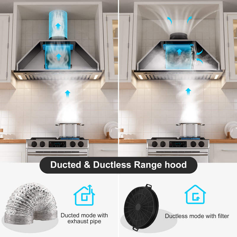  30 In. 900 Cfm Insert Range Hood In Black Stainless Steel With Dishwasher Filter, Ducted/Ductless Convertible Range Hood 2 Ways Installation