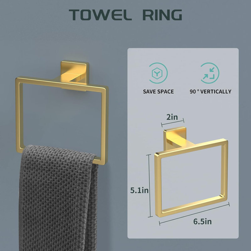 Bathroom Hardware Accessories Set - 7-Piece Stainless Steel Towel Bar, Toilet Paper Holder, Towel Hooks - Square Design, Gold