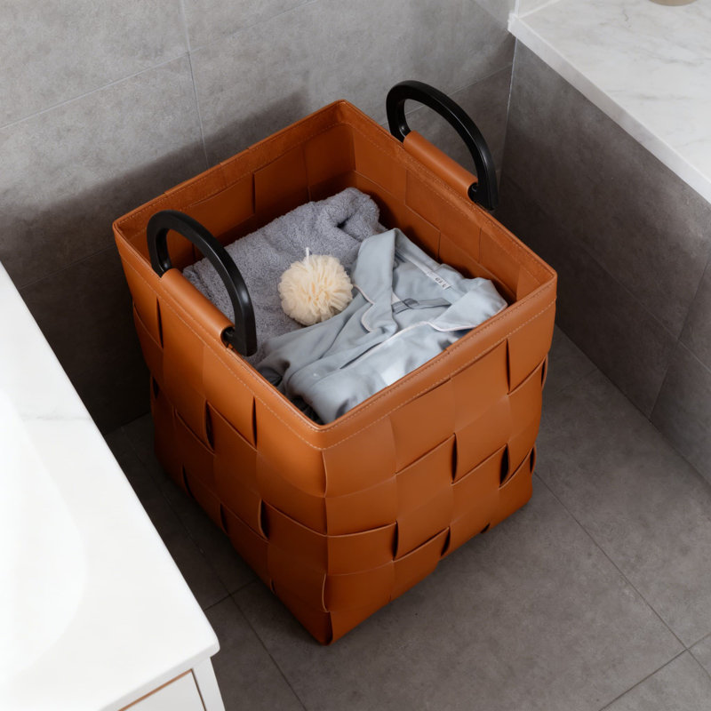 Handwoven Storage Basket - Large Capacity Leather Laundry Hamper, Waterproof Toy Organizer For Living Room, Stylish Clothes Bin For Bedroom