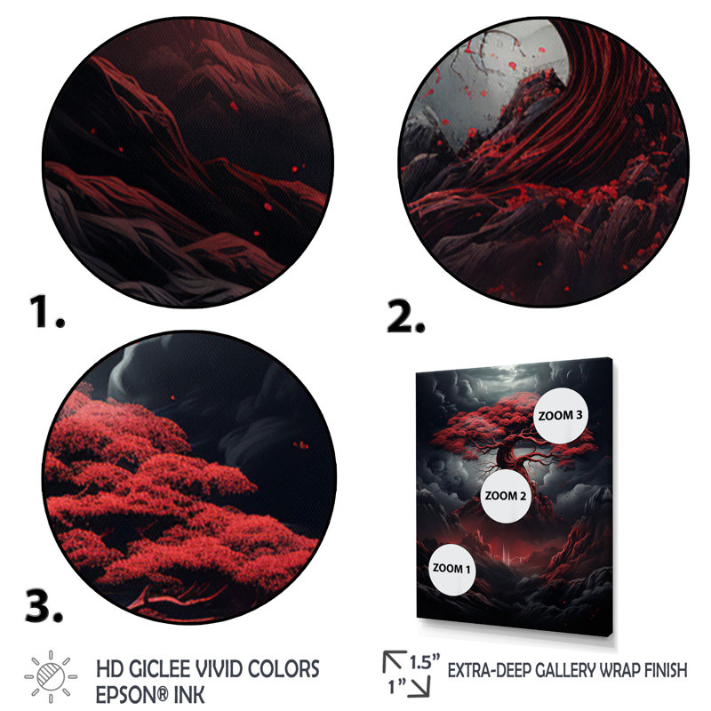 «Occult Red Tree Full Moon Mountain Magic I», reproduction sur toile, Cadre flottant doré, H 20 po x l 12 po x P 1 po