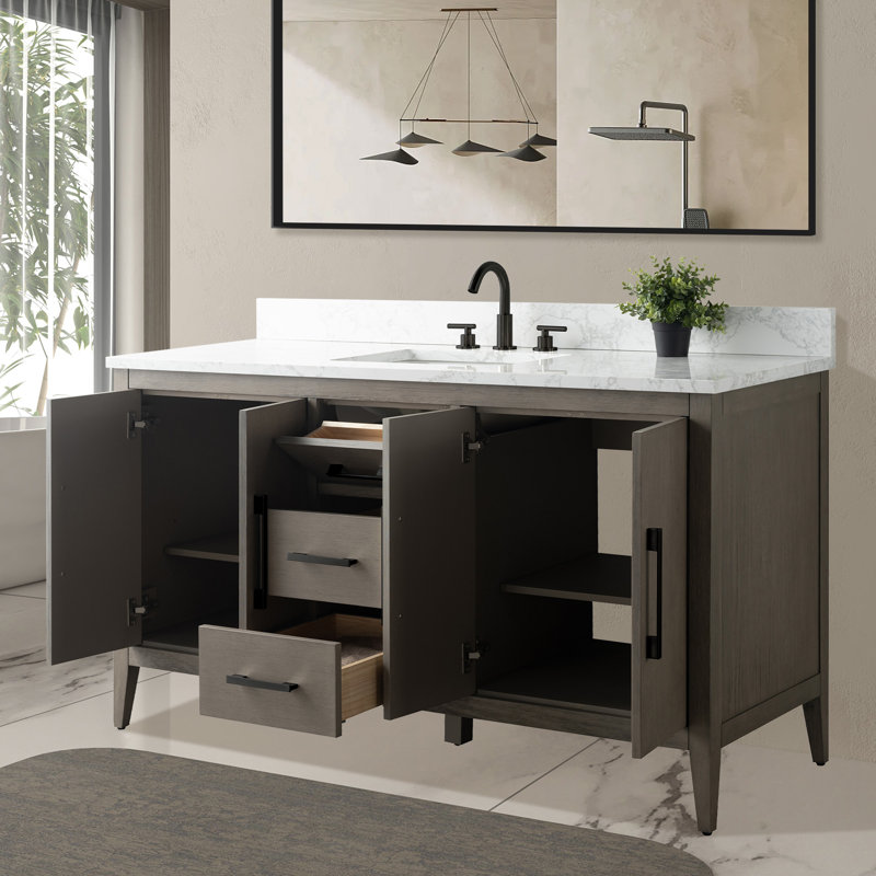 Meuble-lavabo simple 60 po avec plateau en marbre d'ingénierie 60 po, Noir mat, Grey