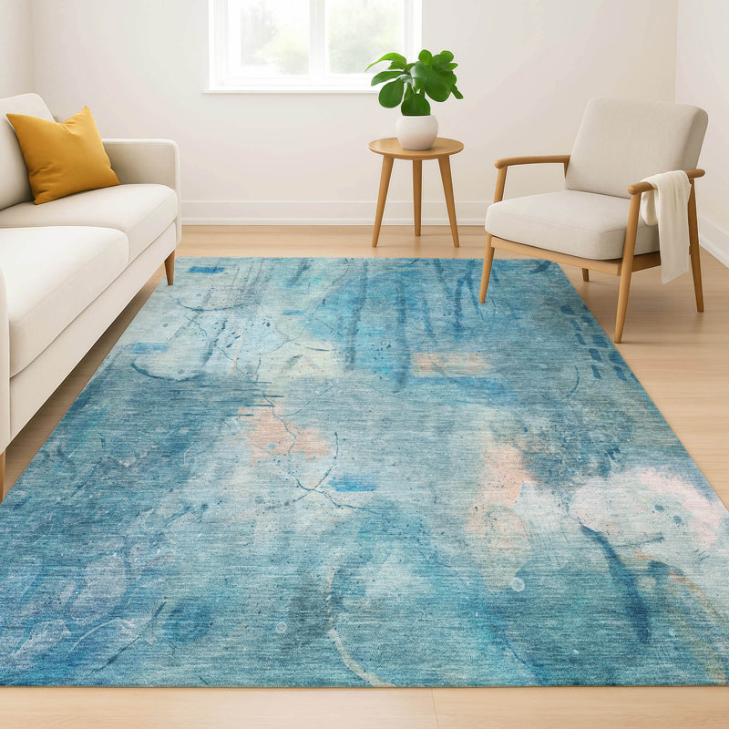 Tapis abstrait lavable à la machine de qualité supérieure Mayfield AMF2032, Bleu, 2 pi 6 po x 3 pi 10 po