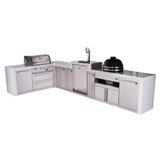 Mont Alpi Premium 4-burner 82"x156" L-shaped 400 Deluxe Stainless Steel Modular Outdoor Kitchen Island Bbq Gas Grill With Infrared Side & Rear Burners + Kegerator + Kamado + Storage Drawers & Cabinets