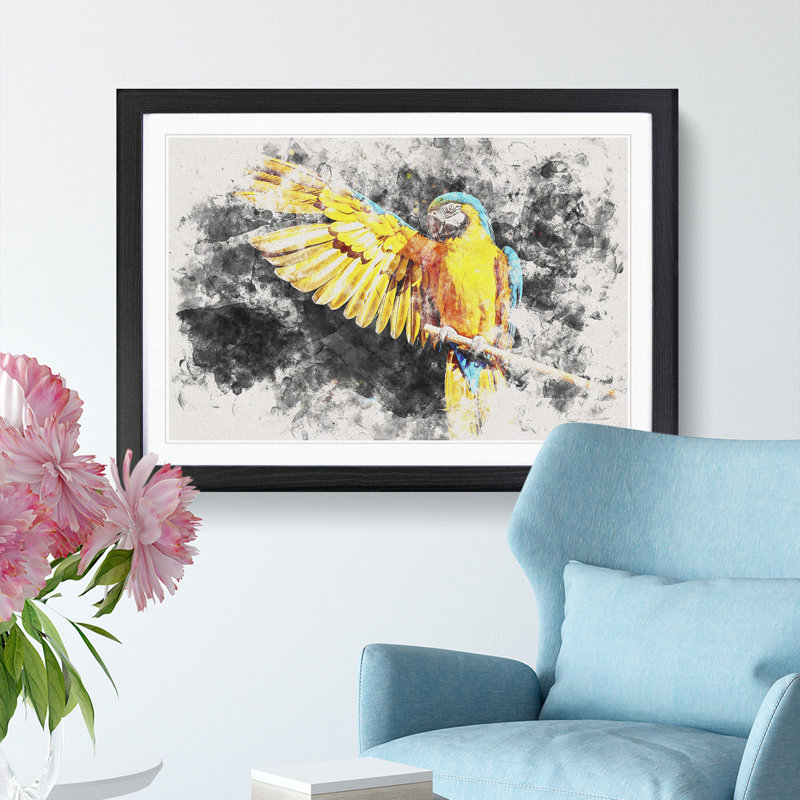 Yellow Macaw Parrot Watercolour - Framed Print, 33cm H x 45cm W x 2cm D, Black