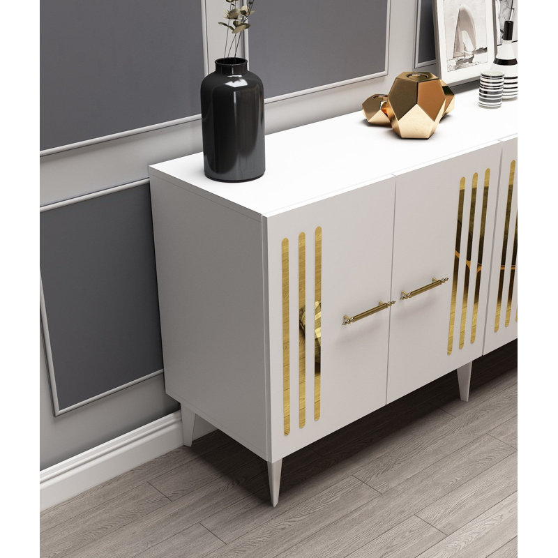 Catena Modern Console Table, White & Gold, 100% Melamine Coated Particle Board, Thickness: 0.7 inches | Multiple Shelves, Wall-Mountable, Glam Geometric Design, Perfect for Living Room & Entryway