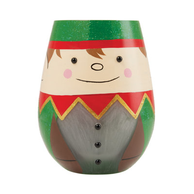 Enesco Lolita Christmas Elf Smiling Hand-Painted Artisan Stemless Wine Glass 20 oz.