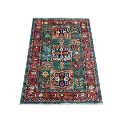 2 pi 10 po x 4 pi 2 po vert chasseur, super kazak afghan avec des médaillons géométriques, noué à la main, pure laine, colorants végétaux, échantillon, tapis, tapis oriental