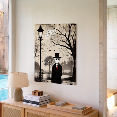 «Faceless Gentleman Minimalist Gothic Halloween Streetlamp», art mural sur toile, prêt à accrocher, galerie, décoration moderne
