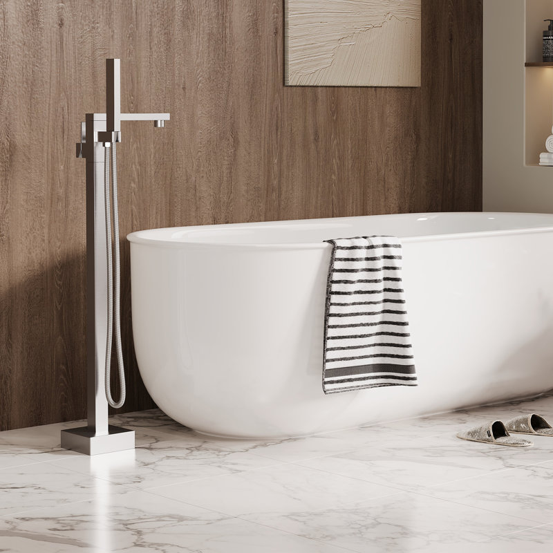 GarveeHome Free Standing Tub Faucet Chrome, Single Handle Floor Mount Bathtub Faucet with Square Handheld Shower Mixer Taps, Bathroom Tub Filler