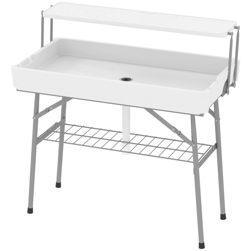 Table de glace pliante à 2 niveaux avec drain, table de glacière d'extérieur, blanc