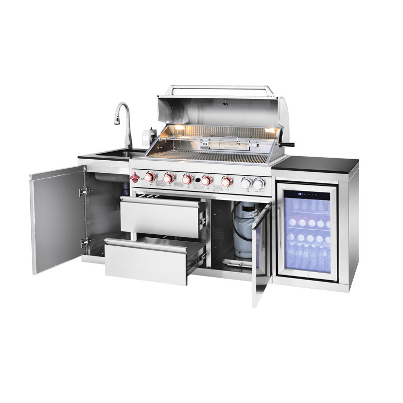 Îlot de cuisine extérieur 85 pouces à 85 brûleurs avec évier en acier inoxydable, rangement à une porte et réfrigérateur américain de conception compacte, 304