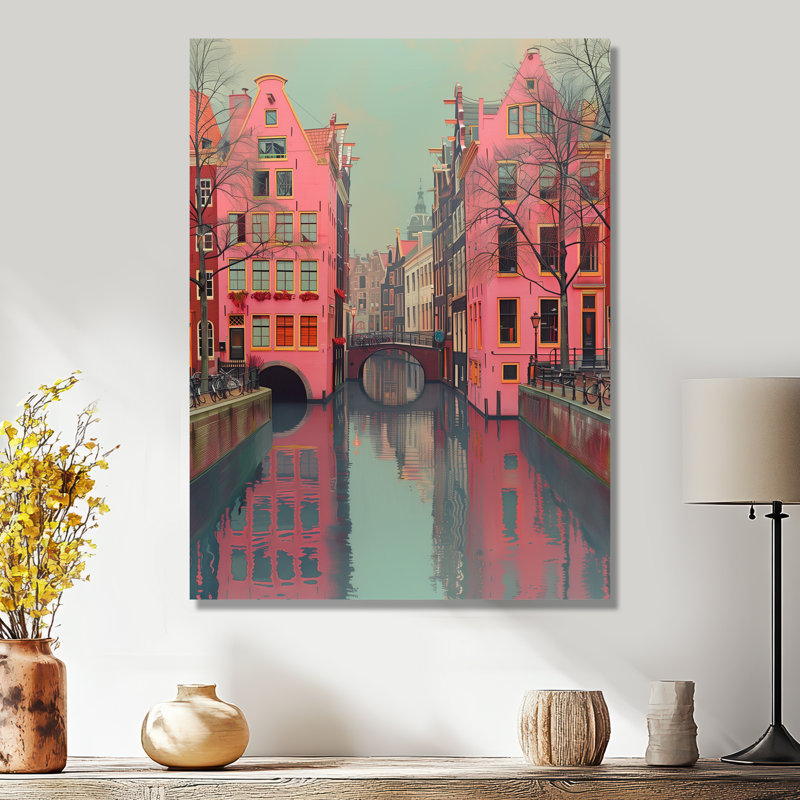 «Amsterdam Pink Grey Canal Photo I», reproduction d'art murale, Métal métal, H 20 po x l 12 po x P 1 po