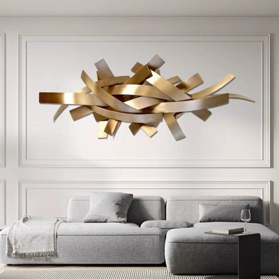 Contemporary Abstract Metal Wall Decor, Wide Horizontal Curved Strip Overlapping Iron Wall Sculpture for Living Room Blank Wall