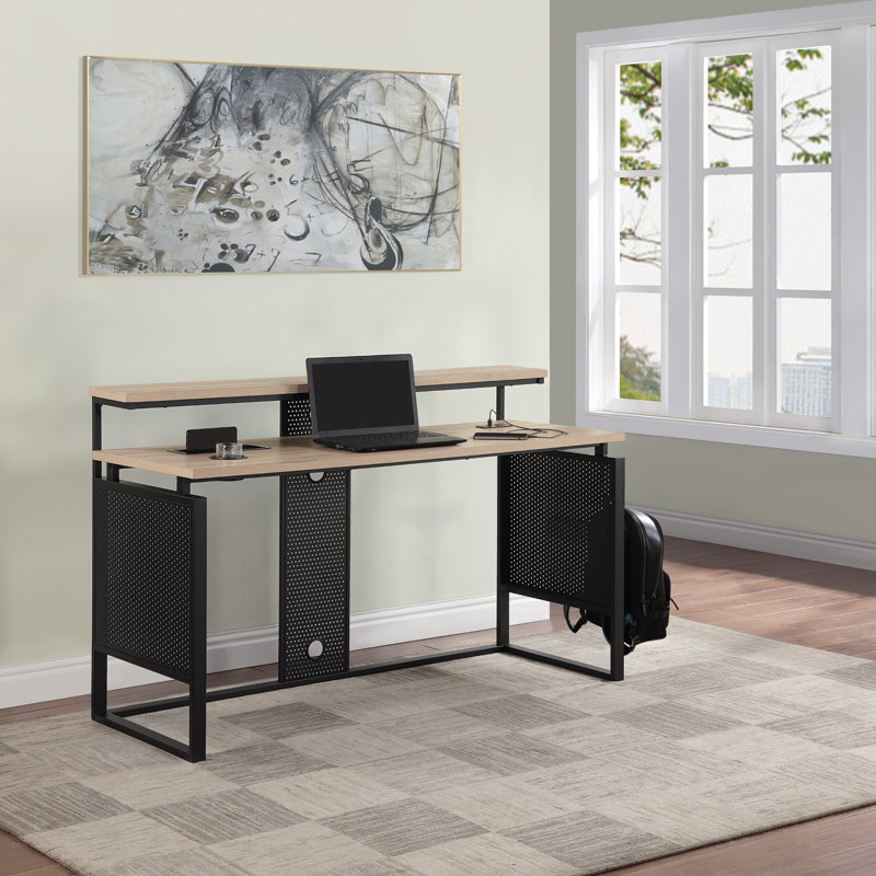 Poukner L-Shaped Steel Computer Desk with Built-In Electrical Outlet, Natural/Black