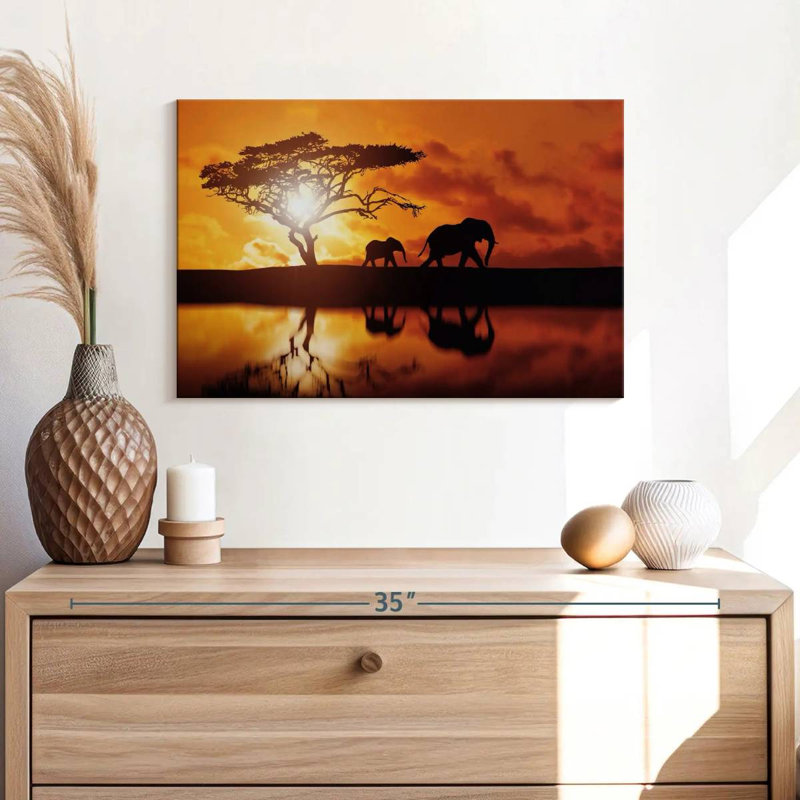 Brampt Elephant Silhouettes At Sunset, 16" H x 24" W