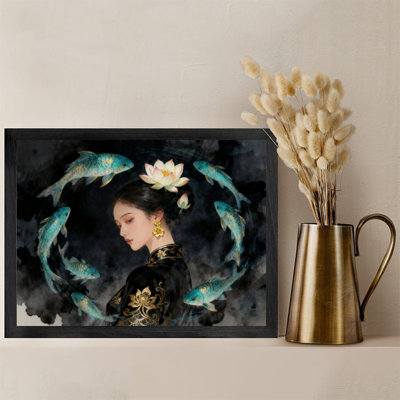 Black Framed Vintage Chinese Style Woman and Koi Fish Wall Art New Chinese style ink realistic painting Style Framed Prints