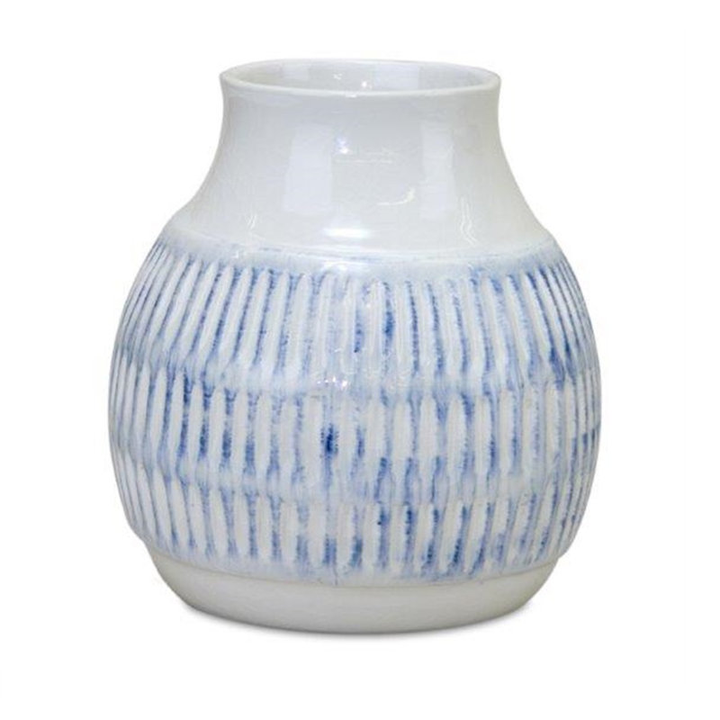 Soft Blue & White Glazed Ceramic Vase Set 6" Trio