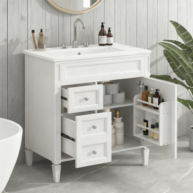 Meuble-lavabo 30 po avec lavabo supérieur - armoire de rangement moderne avec 2 tiroirs, 1 tiroir basculant et armoire