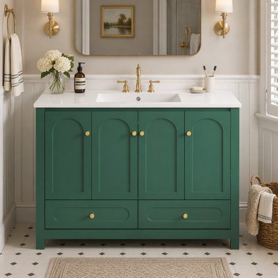 Ensemble de meuble-lavabo vert 48 po avec lavabo en résine, armoire de rangement abondante, 4 portes à fermeture en douceur et 2 tiroirs
