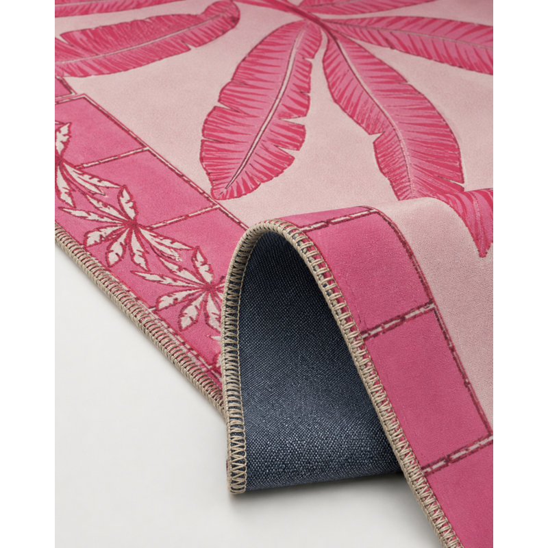 Pink Themed Palm Tree Motif Patterned Vintage Decorative Carpet, Runner 2'6" x 6'7"