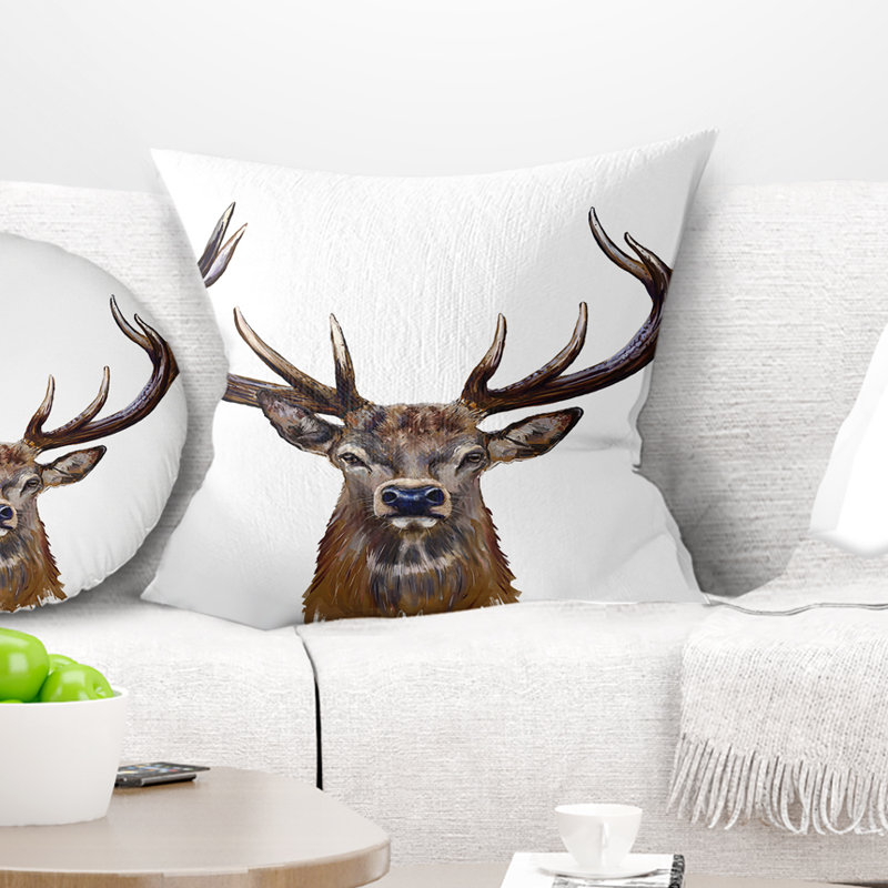 Tête de cerf devant - coussin décoratif imprimé animal, 16 po x 1 po, Carré