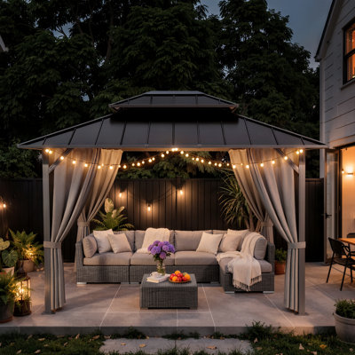 10 pi. L 12 pi. D Pavillon de jardin d'extérieur, structure en aluminium robuste avec double toit, pavillon permanent avec rideaux d'intimité et moustiquaire, pavillon permanent avec filet et rideaux pour pelouse, jardin, patio