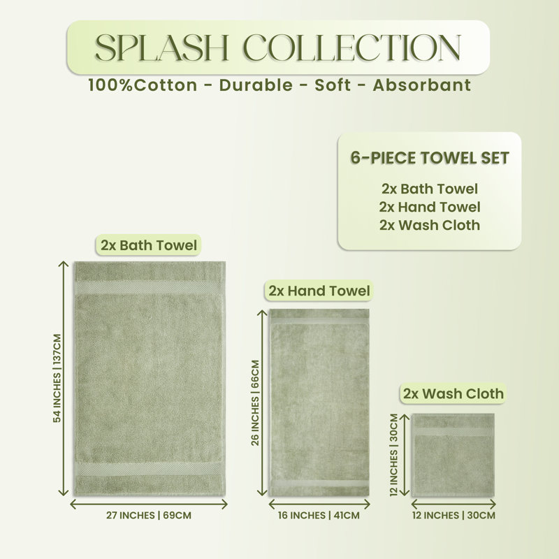 Ensemble de serviettes 100% coton Splash, serviettes de bain, serviettes à main et débarbouillettes Splash, serviettes absorbantes douces 550 g / m² pour salle de bain, spa et usage quotidien, certifié OEKO-TEX, paquet de 6, sauge foncé