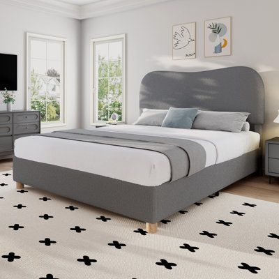 Modern Boucle Upholstered Platform Bed,adjustable Curved Headboard And Solid Wood Legs