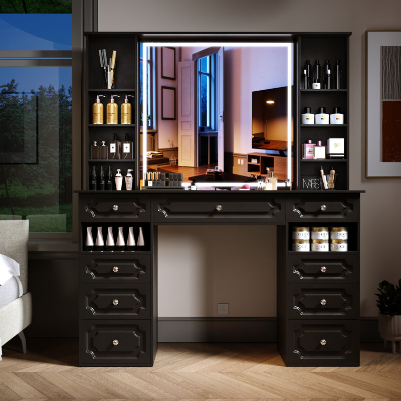Bureau de maquillage avec miroir éclairé, coiffeuse avec 9 tiroirs et armoires, grande coiffeuse à miroir, luminaire réglable, tablettes de rangement et tabouret pour la chambre à coucher, l 47 po (noir-b)