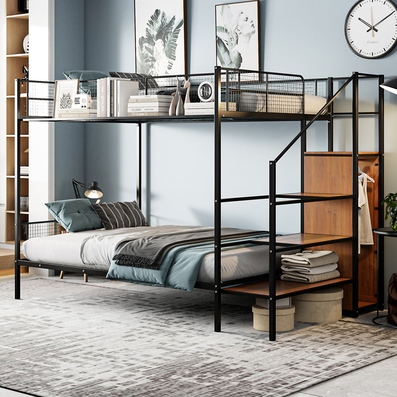 Lit superposé simple au-dessus d'un lit double en métal noir, avec rangement latéral et garde-robe, étagères grillagées reconfigurables - noir