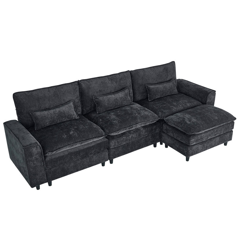Convertible Sectional Sofa Couch, 4 Seat Sofa Set for Living Room L-Shaped Modular Sofa with Ottoman, Black Chenille