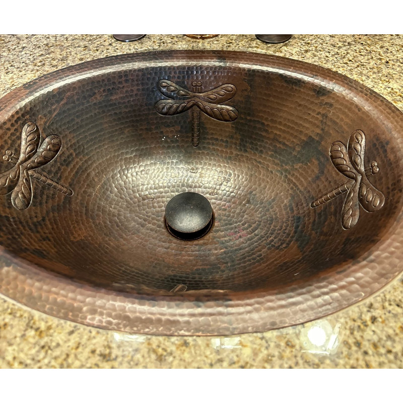 19" Oval Copper Bathroom Sink with Dragonfly Design In Rio Grande Patina, Drain Included