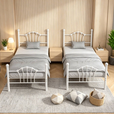 Amberly Twin Size Metal White Platform Bed Set of 2 with Shell Headboard Footboard, No Noise, No Box Spring Needed
