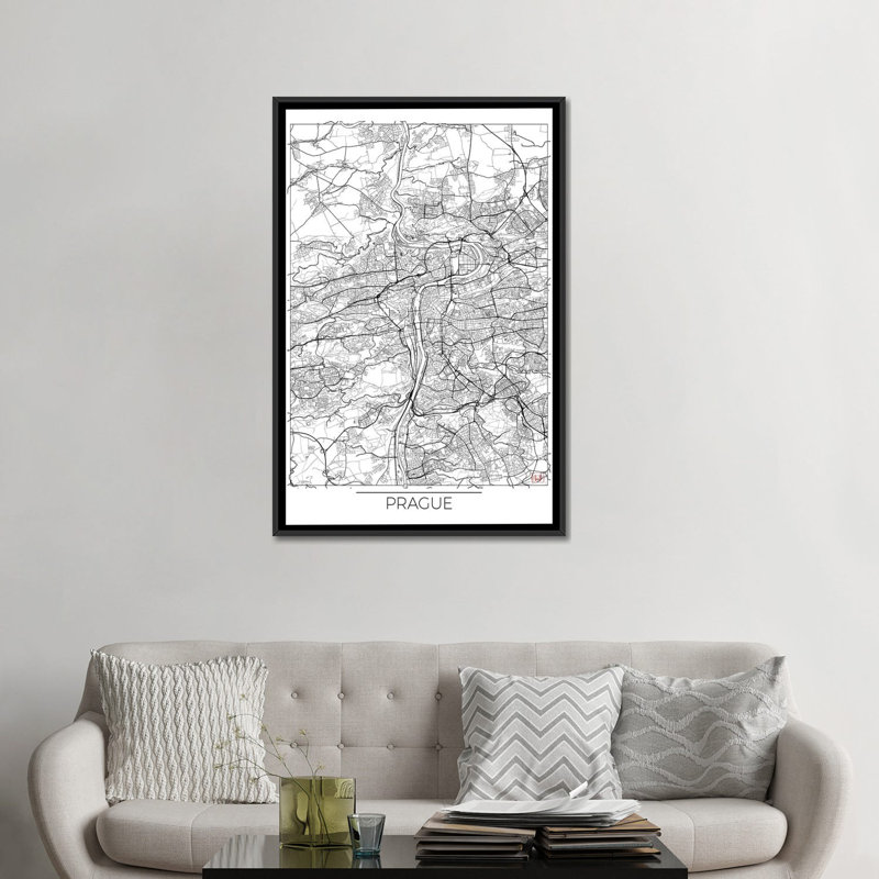 « prague minimal blueprint map », impression sur toile, H 26 po x l 18 po x P 1,5 po, Toile avec cadre noir, Pas de tapis