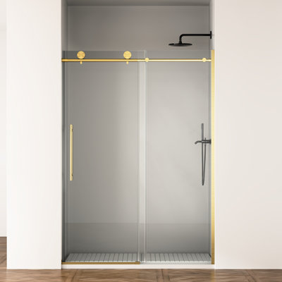 Porte de douche coulissante avec verre trempé transparent de 8 mm de 5/16 po, fermeture silencieuse silencieuse, facile à nettoyer, anti-fuites, bris de corrosion, or brossé pour salle de bain de style traditionnel américain 75 po 50 po 54 po