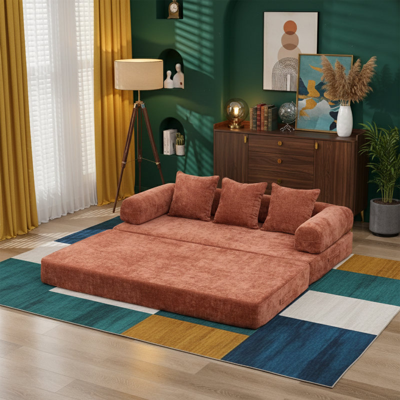  Canapé-lit convertible 79 po avec accoudoirs, matelas en chenille pliable avec support à ressorts et mousse, fauteuil-lit 3 en 1 pour adultes, orange