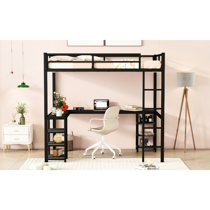 Lit mezzanine en métal avec bureau - Rouille - Pour une chambre à coucher noire complète, sécuritaire et stable