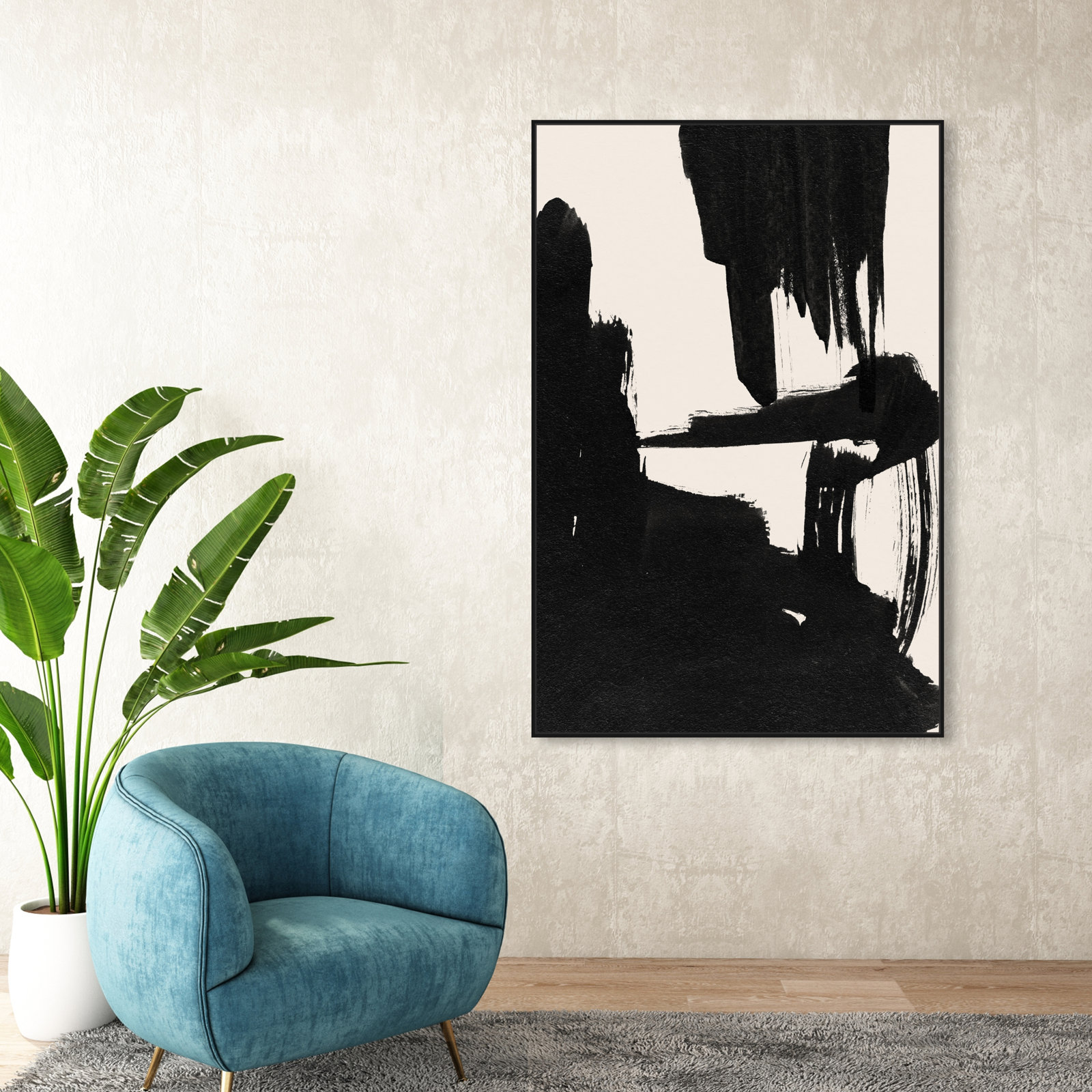Abstract Black and White Brush Stroke Print, Black, 55" H x 37" W