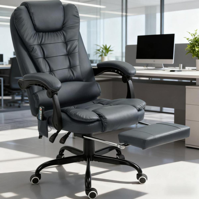 Fauteuil de bureau vibrant à massage, fauteuil de bureau de massage à haut dossier avec support lombaire, repose-pieds, Blue