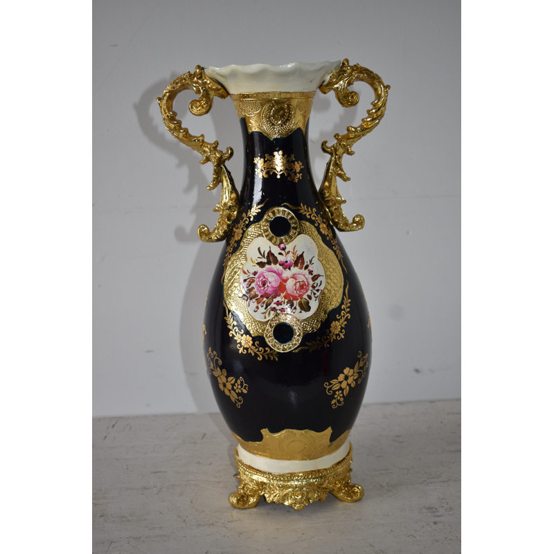 Black And Gold Rounded Resin Vase Size: 11" X 9" X 20"H