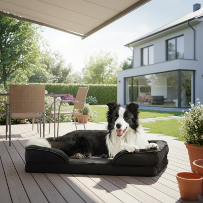 Grand canapé-lit orthopédique pour grand chien, mousse haute densité, doublure imperméable amovible et lavable, antidérapant, noir.