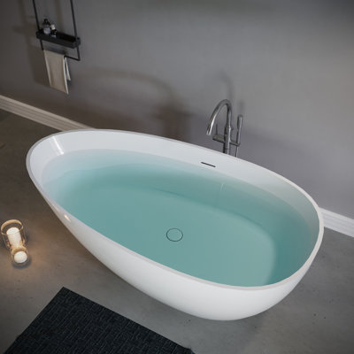 59" Freestanding Solid Surface Bathtub, Glossy White, Stone Resin, Overflow And Pop - Up Drain, Easy To Maintain, Modern Bathroom Look White Soaking Bathtub Of Surface, With Thermal Insulation For