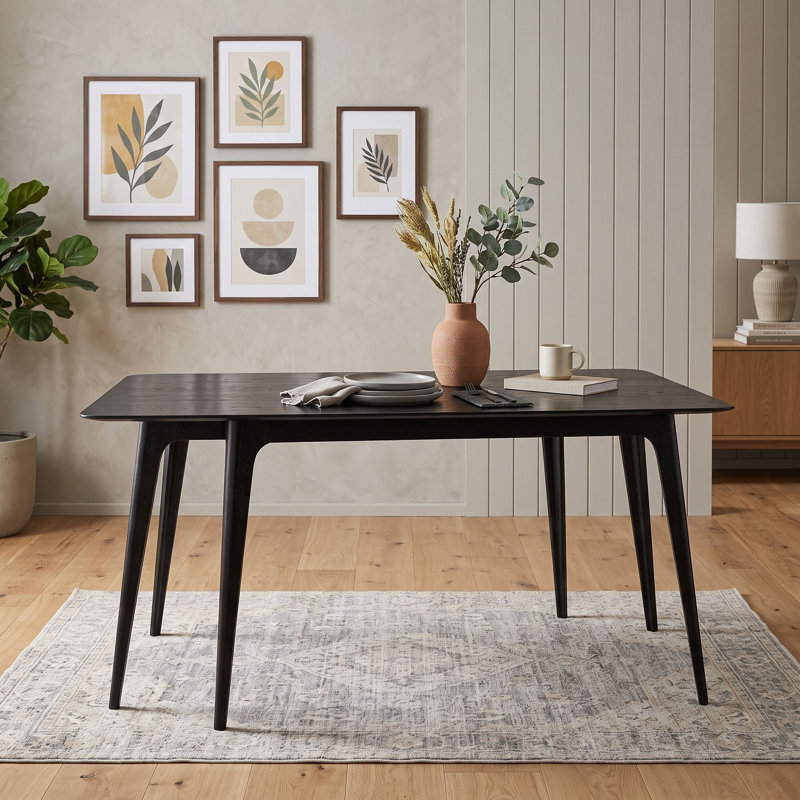 Rectangular Dining Table with Wood Legs, Black