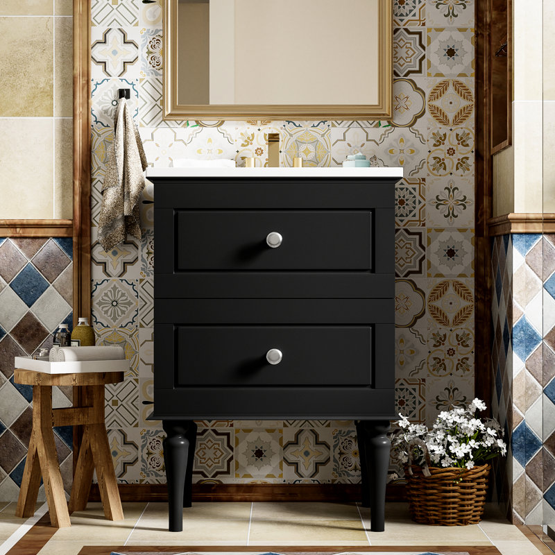 Meuble-lavabo noir 24 po avec lavabo en céramique et armoire de rangement moderne 2 tiroirs