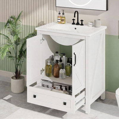 Ensemble de meuble-lavabo autoportant moderne avec lavabo en céramique, 2 portes de rangement et tiroir, armoire imperméable avec comptoir pré-percé pour les petites salles de bain