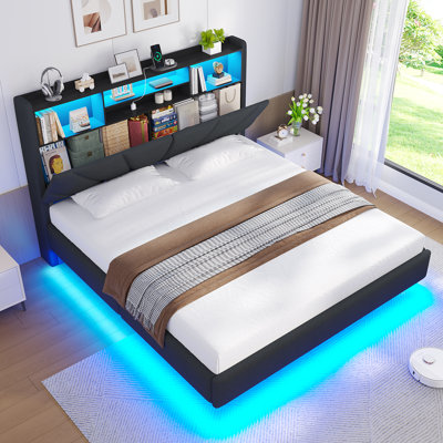 Floating Bed Frame with Charging Station, LED Lights and Upholstered Headboard for Bedroom, Modern Floating Beds with Hidden Storage Compartment, No Box Spring Needed