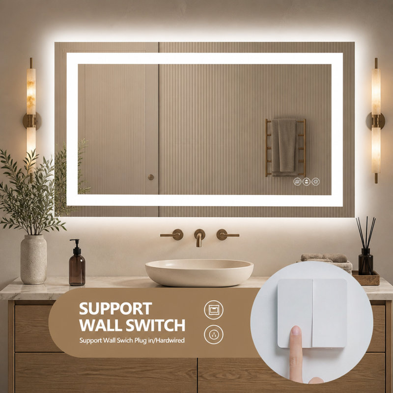 Miroir de salle de bain 28 po x 36 po à DEL sans cadre, miroir intelligent