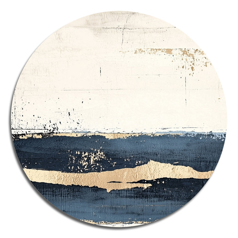«Ocean Breeze Minimalist Horizon», art mural rond grand paysage abstrait, métal doré, H 29 po x l 29 po